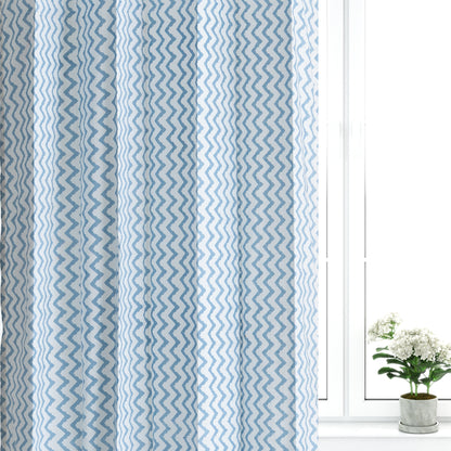 Sky Blue Zigzag Cotton Handblock Curtain (Pair of 2 Curtains)
