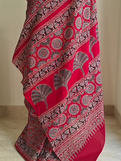 Red Ajrakh Handblock Printed Mull Cotton Saree
