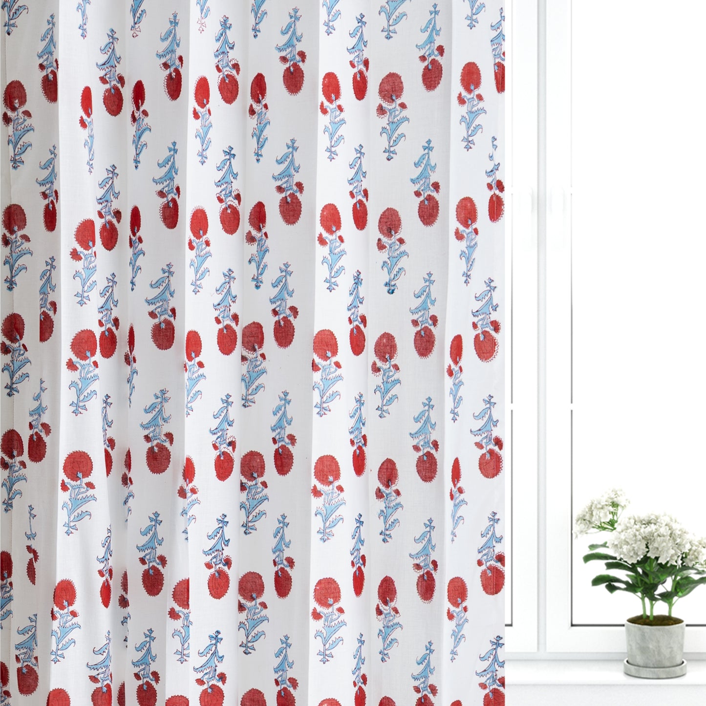 Red and Skyblue Booti Cotton Handblock Curtain (Pair of 2 Curtains)