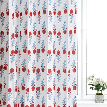 Red and Skyblue Booti Cotton Handblock Curtain (Pair of 2 Curtains)
