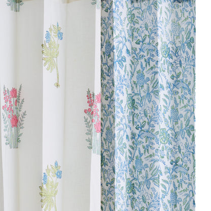 Skyblue and Seagreen Jaal with Morning Meadow Boota Cotton Handblock Combo (Set of 4 Curtains)