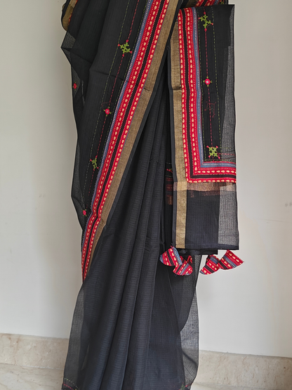 Black Kota Patchwork Hand Embroidered Saree