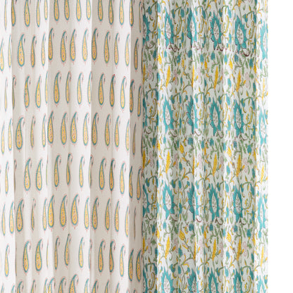 Yellow and Seagreen Jaal with Yellow Paisley Cotton Handblock Combo (Set of 4 Curtains)