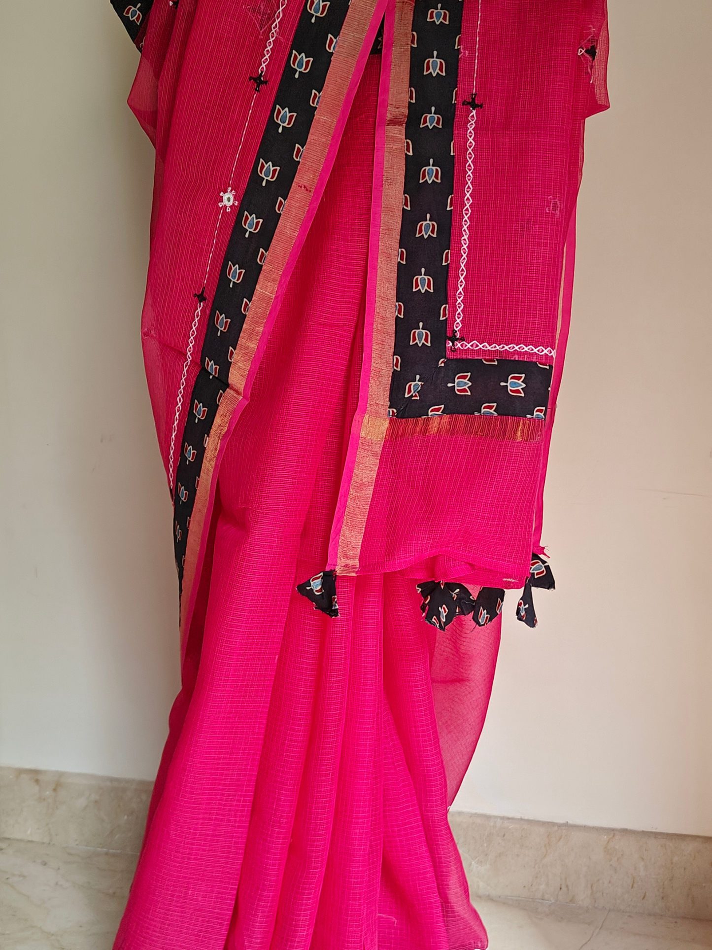 Rani Pink Kota Patchwork Hand Embroidered Saree