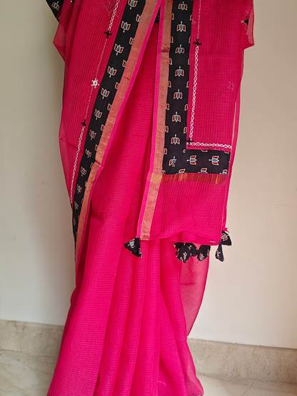 Rani Pink Kota Patchwork Hand Embroidered Saree