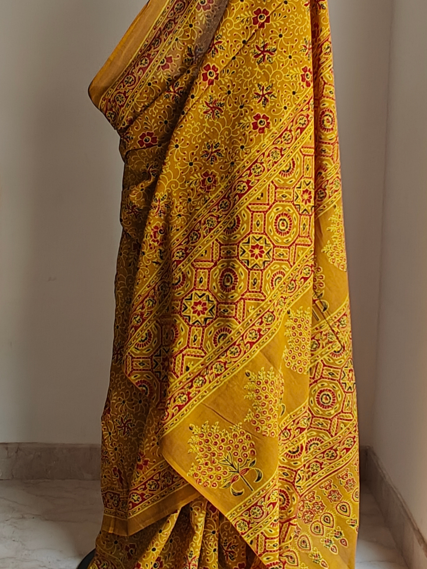 Mustard Ajrakh Handblock Printed Mull Cotton Saree