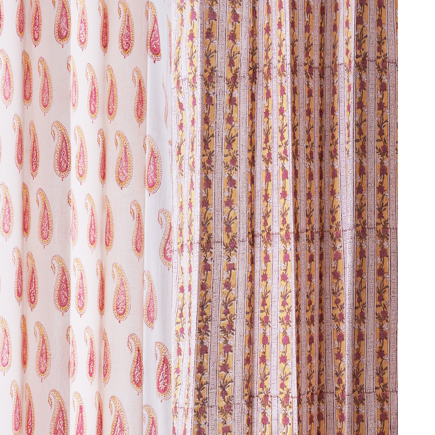 Pink Pattern Jaal with Pink Paisley Cotton Handblock Combo (Set of 4 Curtains)