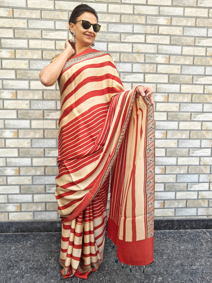 Red Striped Modal Silk Ajrakh Block Print Saree