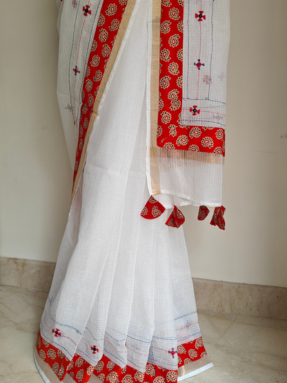 White Kota Patchwork Hand Embroidered Saree