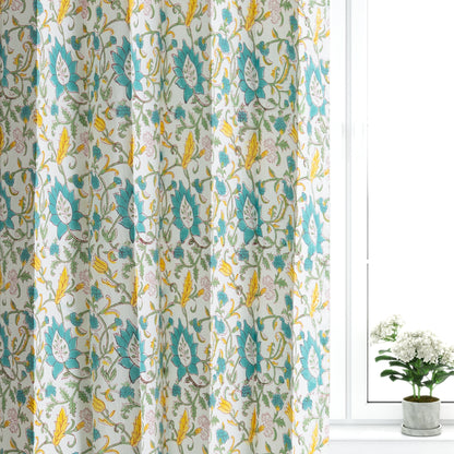 Yellow and Seagreen Jaal Cotton Handblock Curtain (Pair of 2 Curtains)