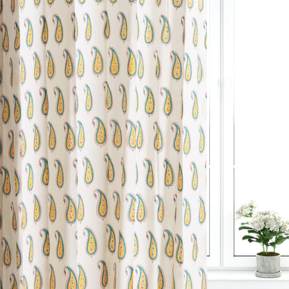 Yellow Paisley Cotton Handblock Curtain (Pair of 2 Curtains)