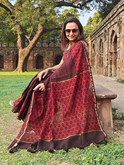 Coffee-Maroon Dabu Handblock Print Chanderi Saree