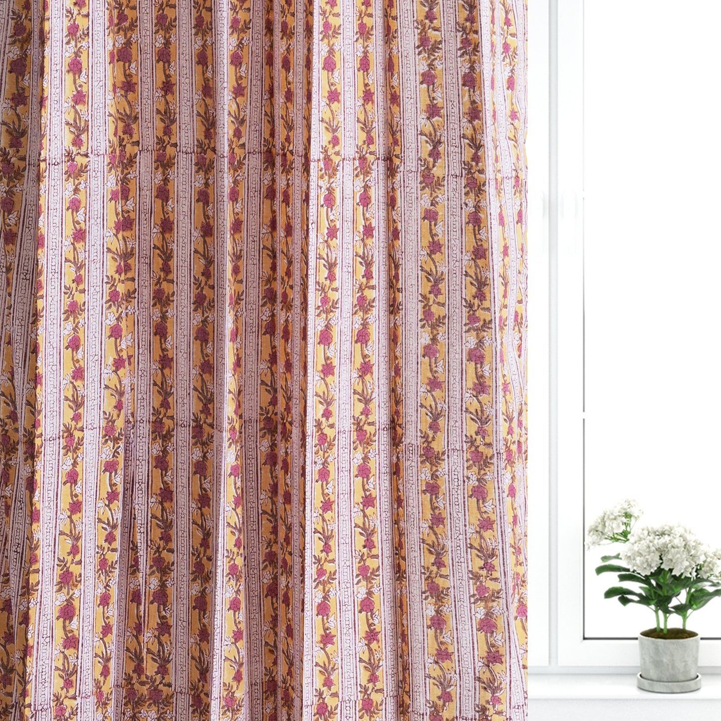 Pink Pattern Jaal Cotton Handblock Curtain (Pair of 2 Curtains)