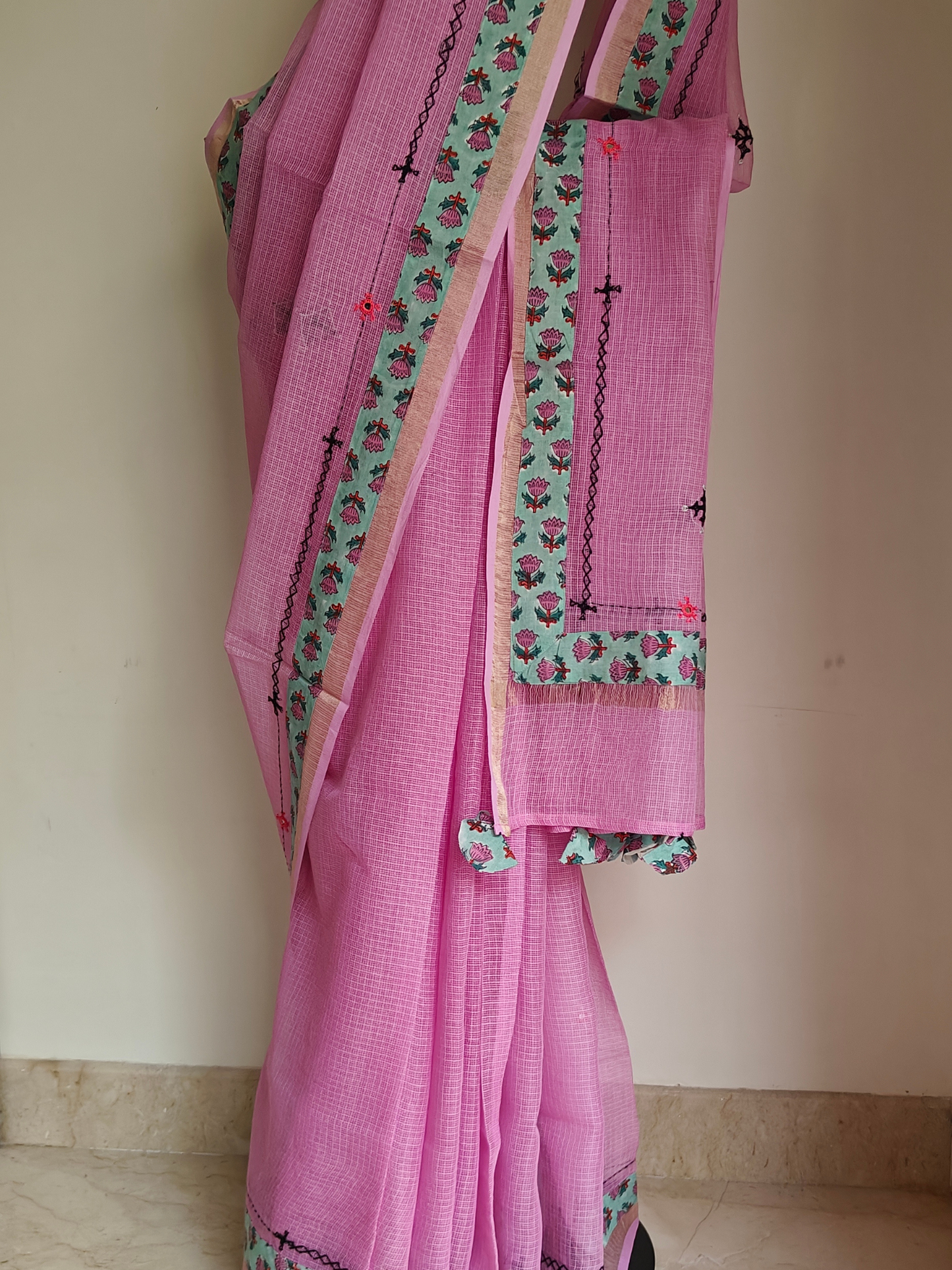 Pink Kota Patchwork Hand Embroidered Saree