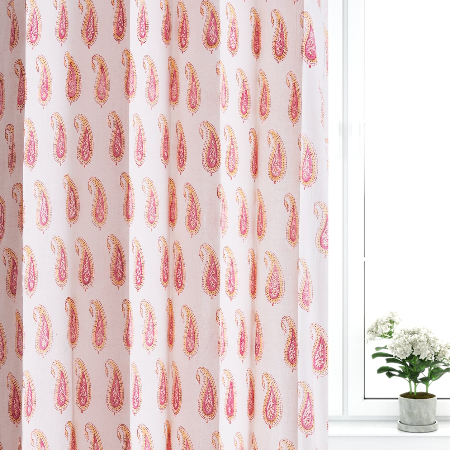 Pink Paisley Cotton Handblock Curtain (Pair of 2 Curtains)