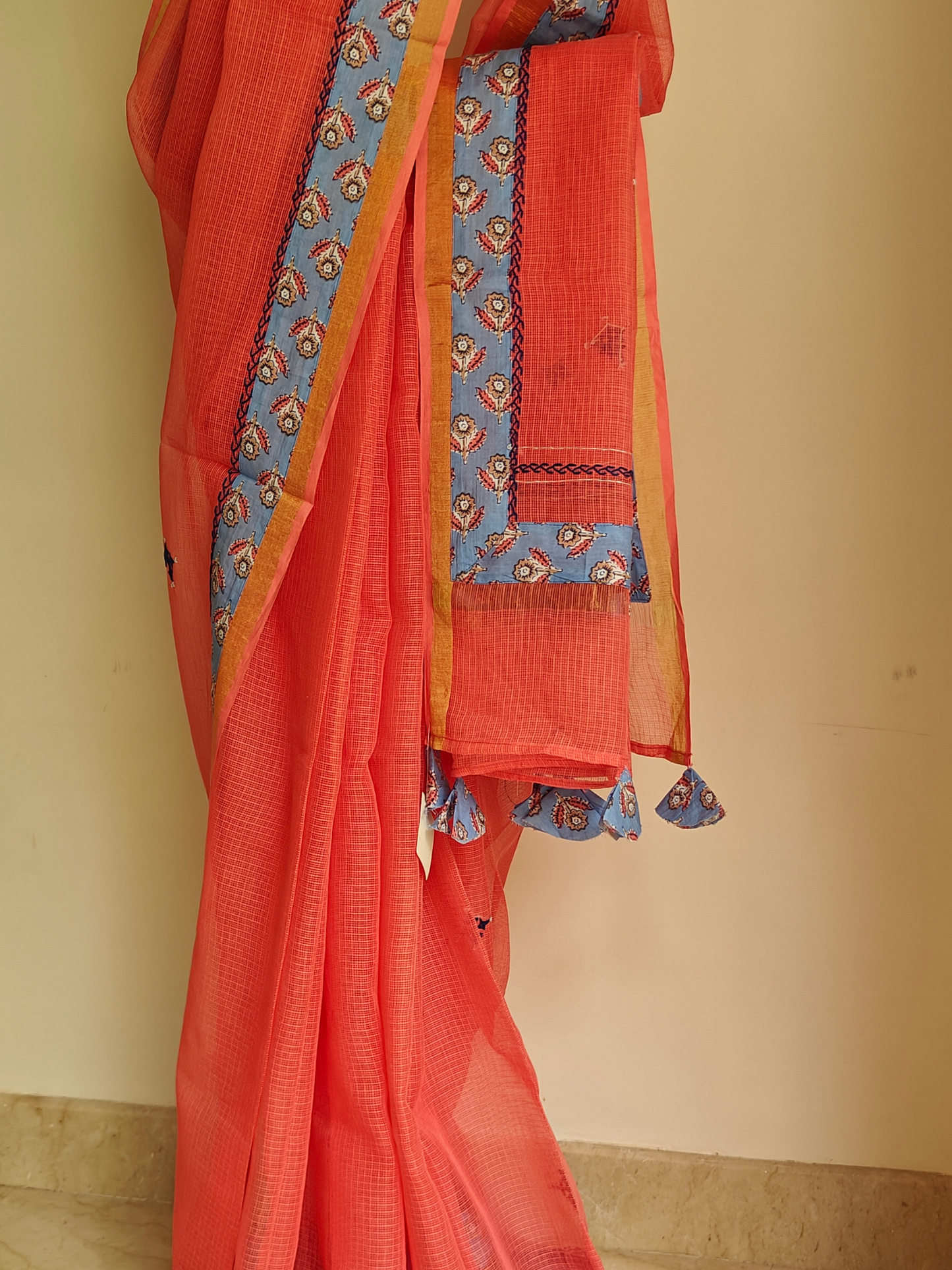 Peach Kota Patchwork hand Embroidered Saree