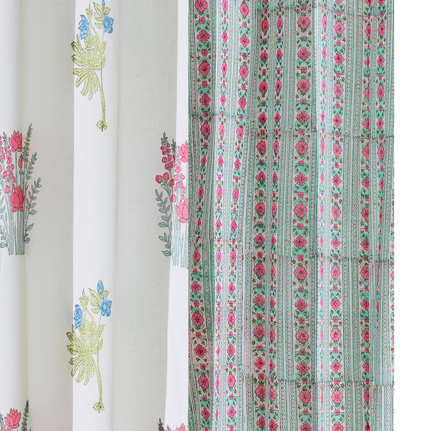 Seagreen and Pink Pattern Jaal with Morning Meadow Boota Cotton Handblock Combo (Set of 4 Curtains)