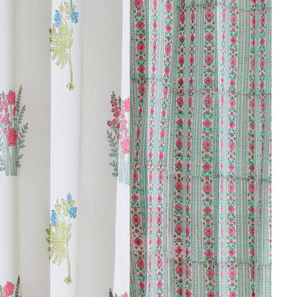 Seagreen and Pink Pattern Jaal with Morning Meadow Boota Cotton Handblock Combo (Set of 4 Curtains)
