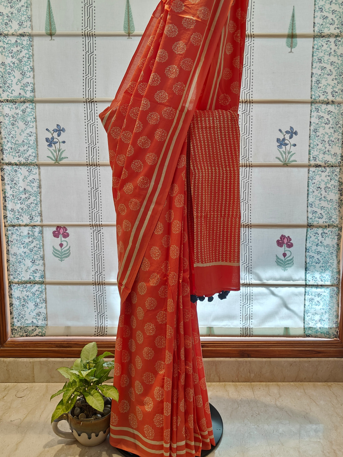 Peach Coral Handblock Printed Mull Cotton Saree