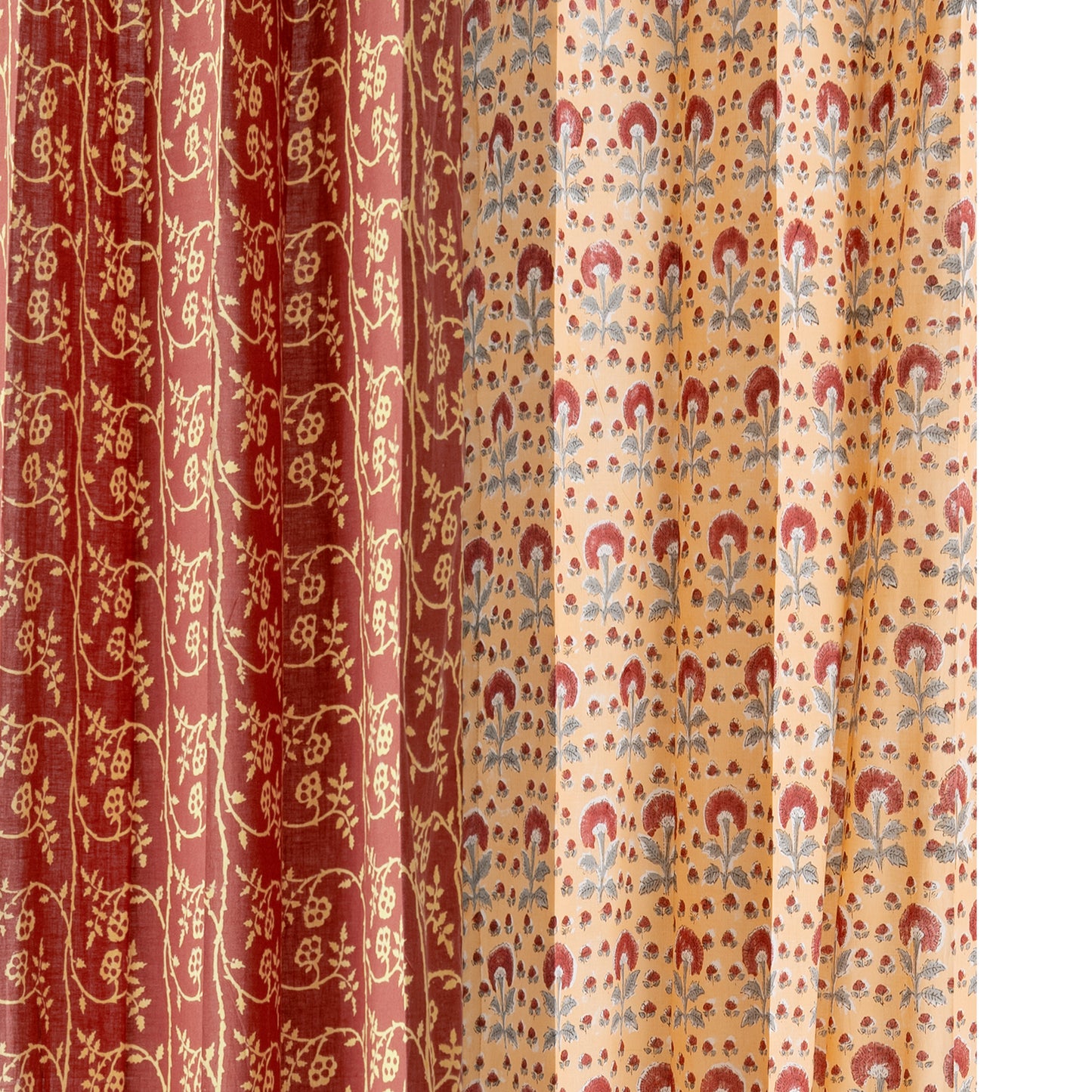 Rust Jaal with Mustard and Maroon Booti Jaal Cotton Handblock Combo (Set of 4 Curtains)