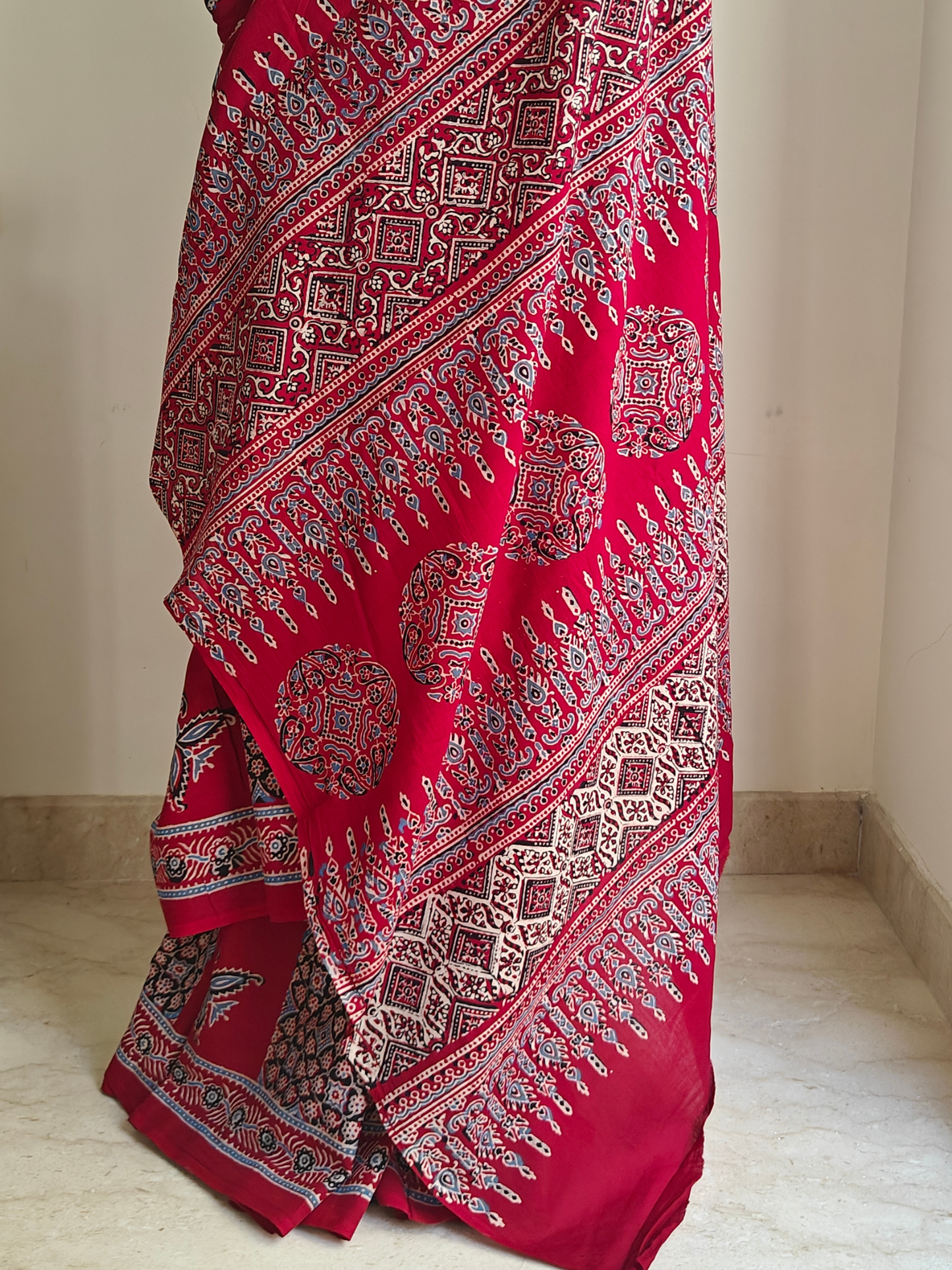 Red Ajrakh Handblock Printed Mull Cotton Saree