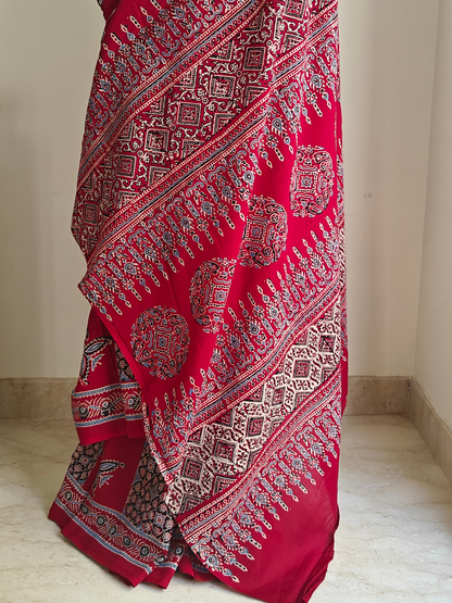 Red Ajrakh Handblock Printed Mull Cotton Saree