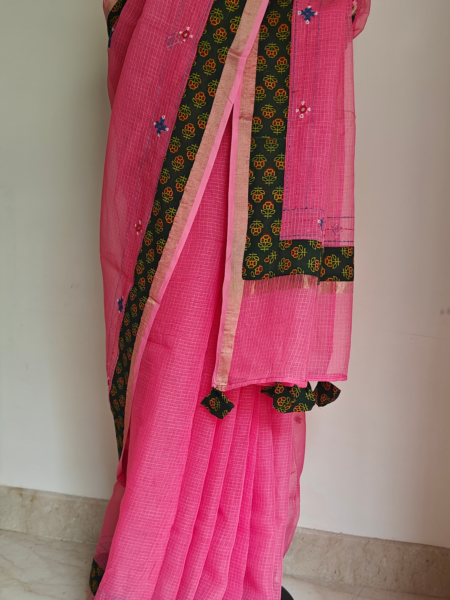 Pink Kota Patchwork Hand Embroidered Saree