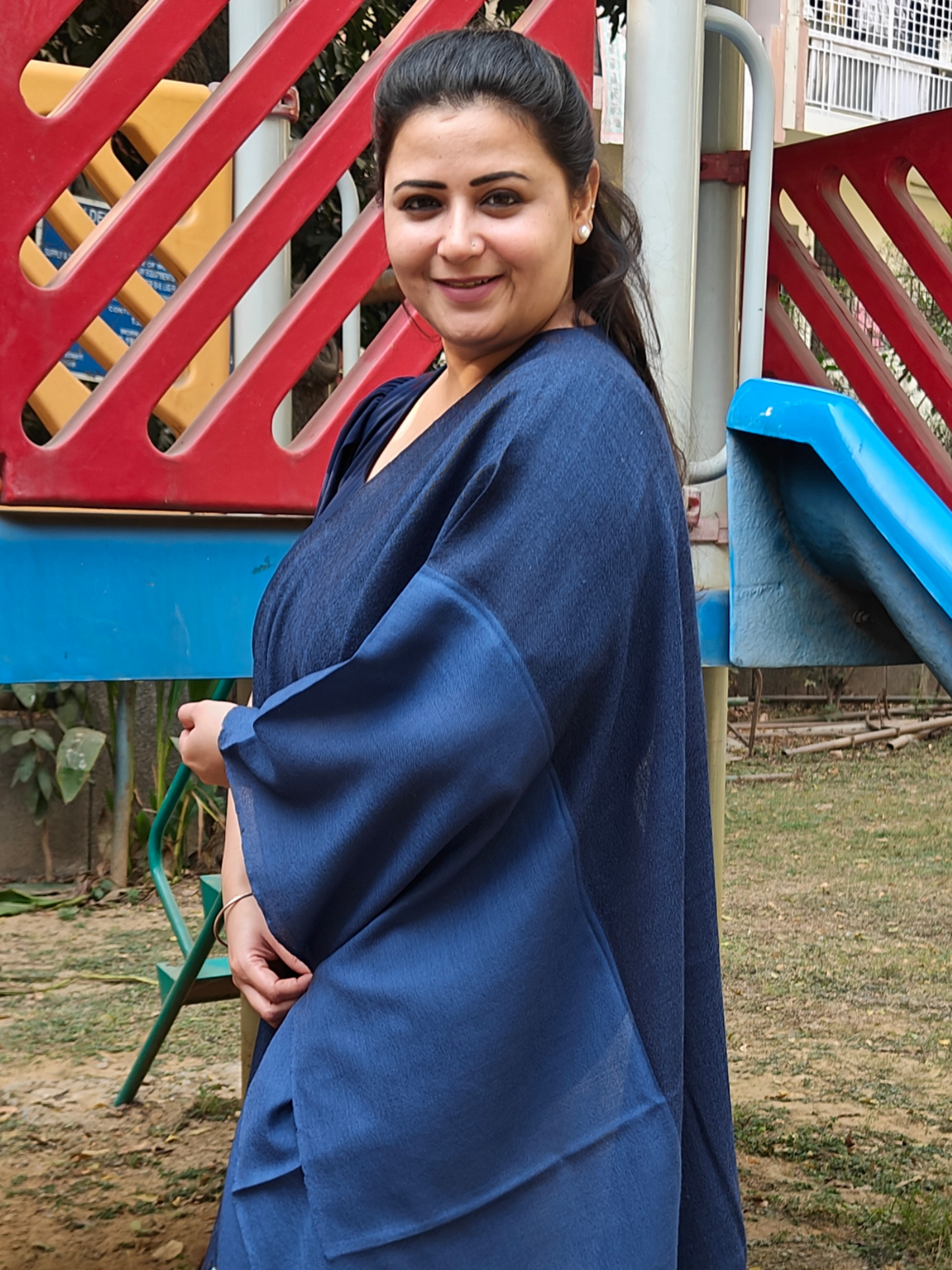 Indigo Blue Half & Half Handwoven Woollen Stole with Handembroidery & Mirror Work