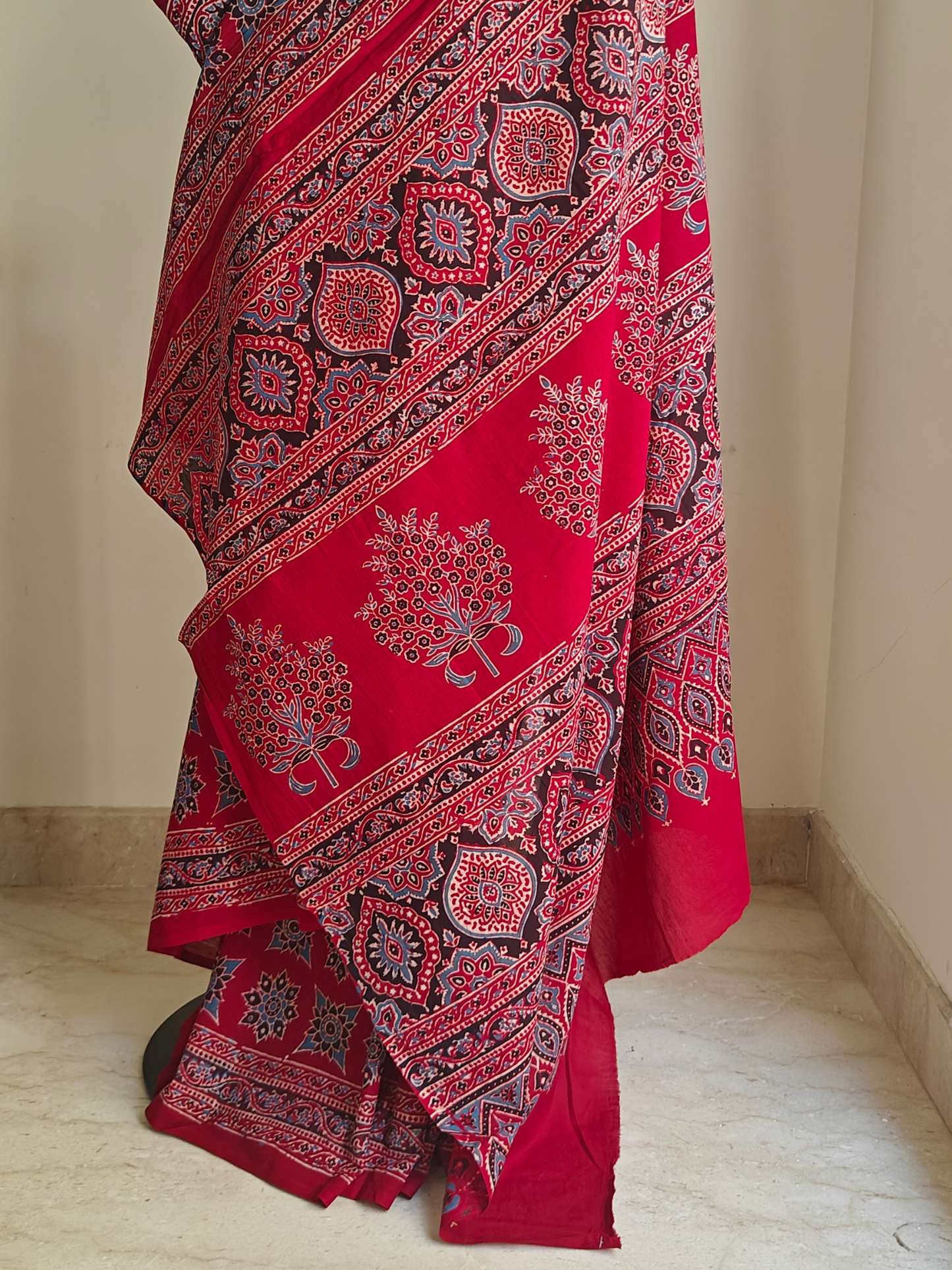 Red Ajrakh Handblock Printed Mull Cotton Saree