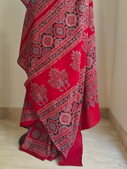 Red Ajrakh Handblock Printed Mull Cotton Saree