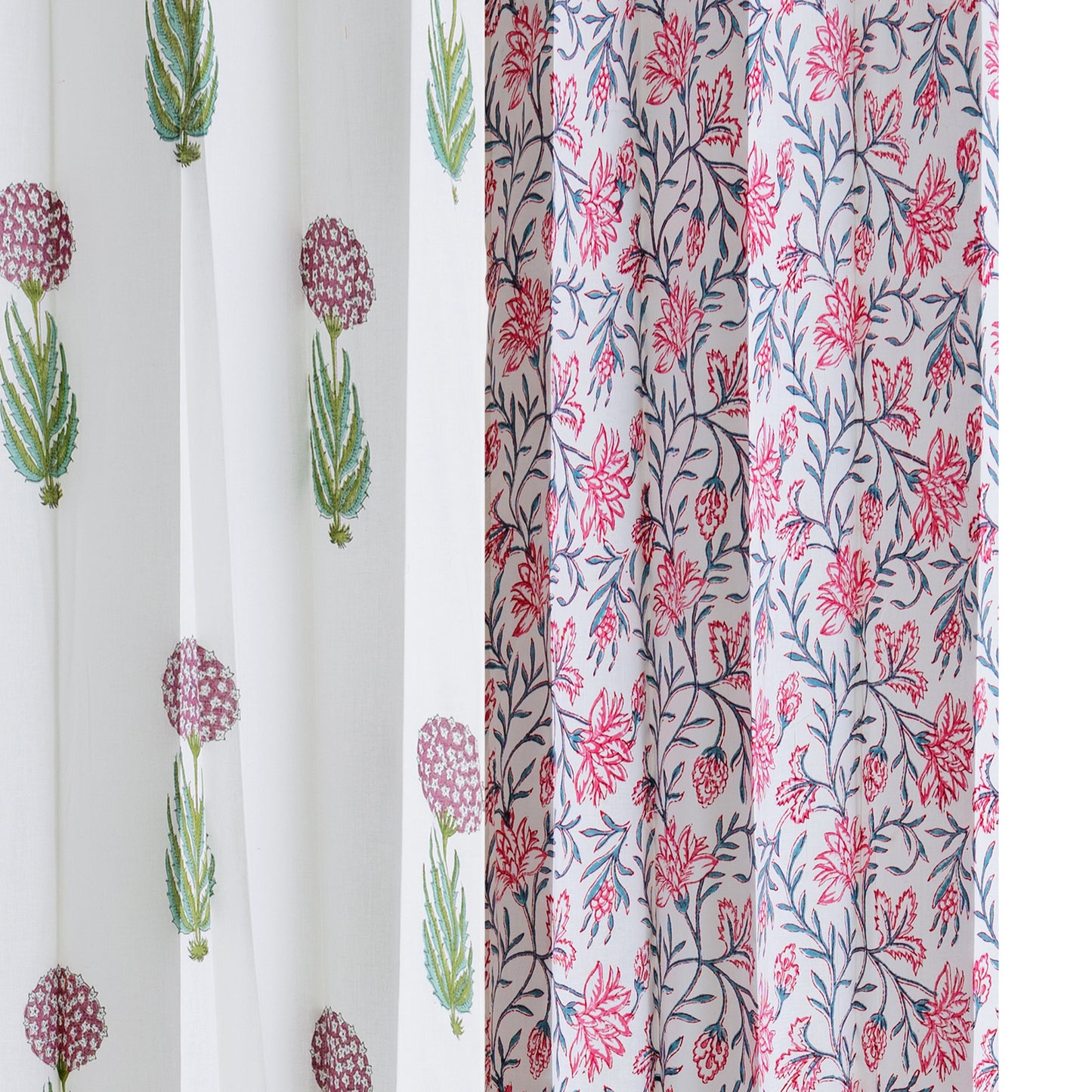 Pink Skyblue Jaal with Anarkali Boota Cotton Handblock Combo (Set of 4 Curtains)
