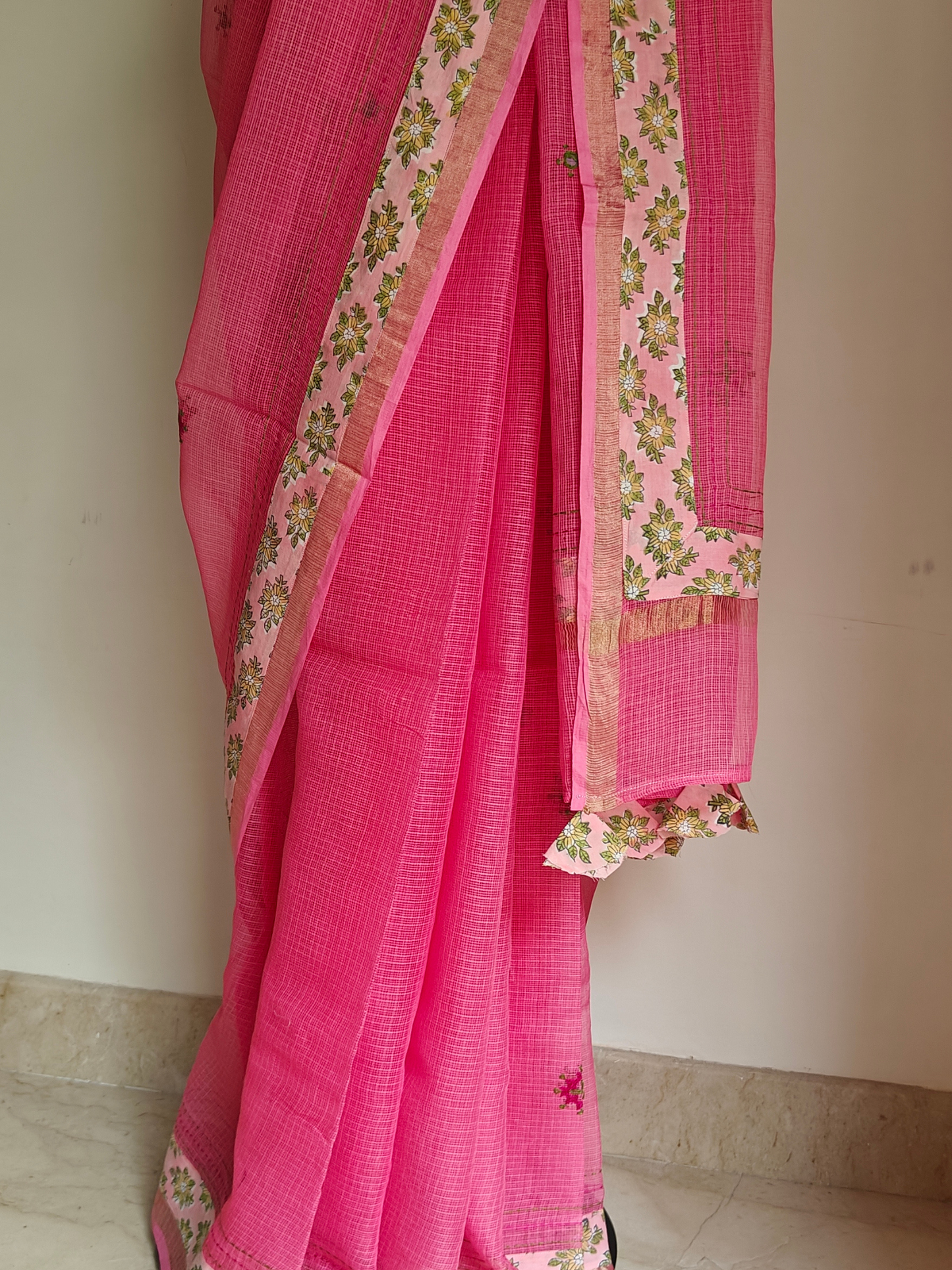 Pink Kota Patchwork Hand Embroidered Saree