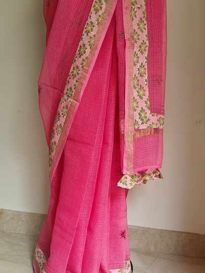 Pink Kota Patchwork Hand Embroidered Saree