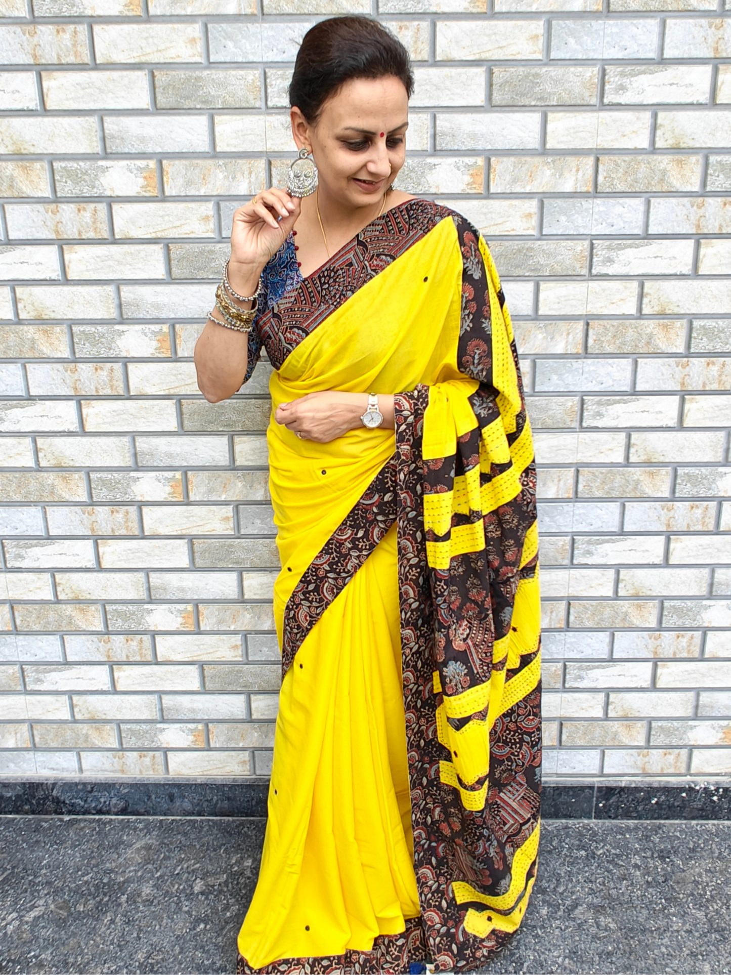 Yellow Ajrakh Handcrafted Saree