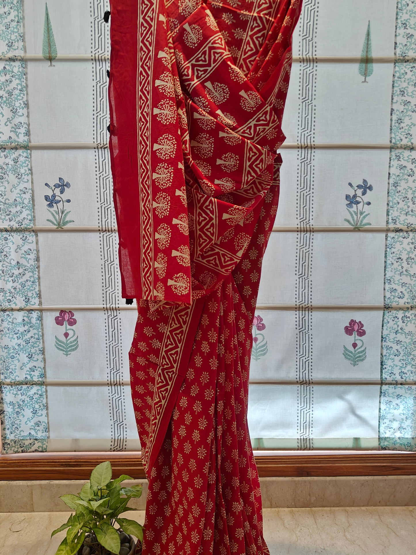 Red Handblock Printed Mull Cotton Saree