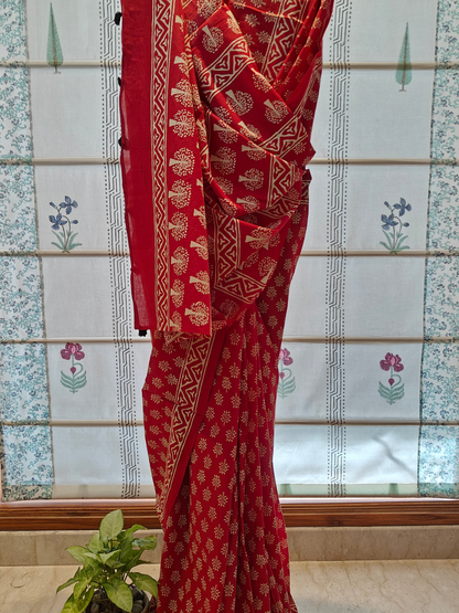 Red Handblock Printed Mull Cotton Saree