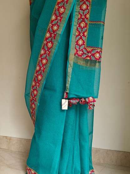 Blue Kota Patchwork Hand Embroidered Saree