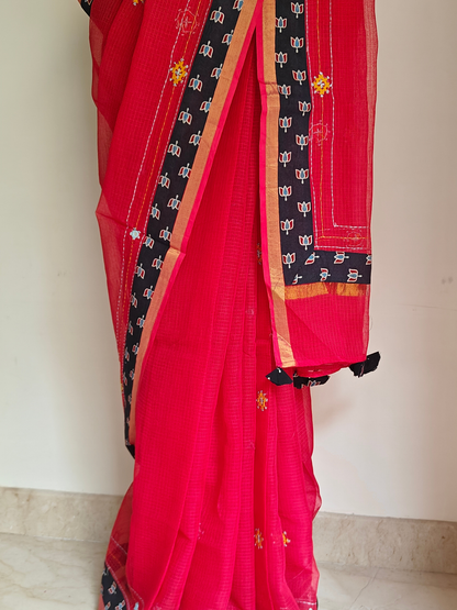 Red Kota Patchwork Hand Embroidered Saree