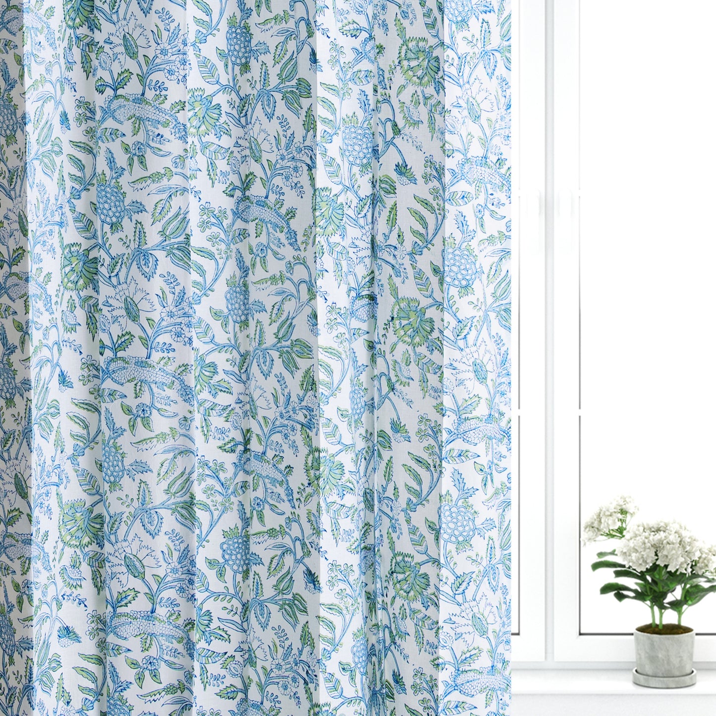 Skyblue and Seagreen Jaal Cotton Handblock Curtain (Pair of 2 Curtains)