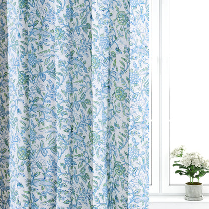 Skyblue and Seagreen Jaal Cotton Handblock Curtain (Pair of 2 Curtains)