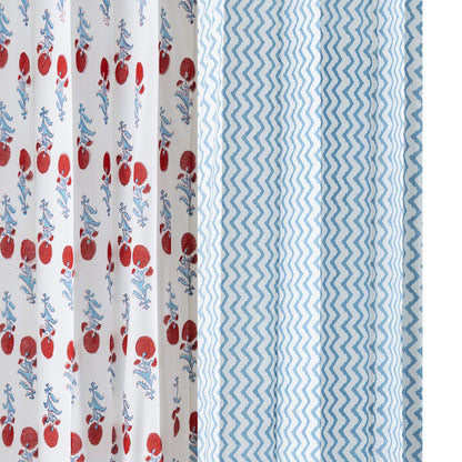 Sky Blue Zigzag with Red and Skyblue Booti Cotton Handblock Combo (Set of 4 Curtains)