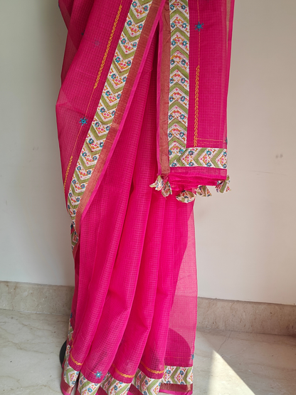 Rani Pink Kota Patchwork Hand Embroidered Saree