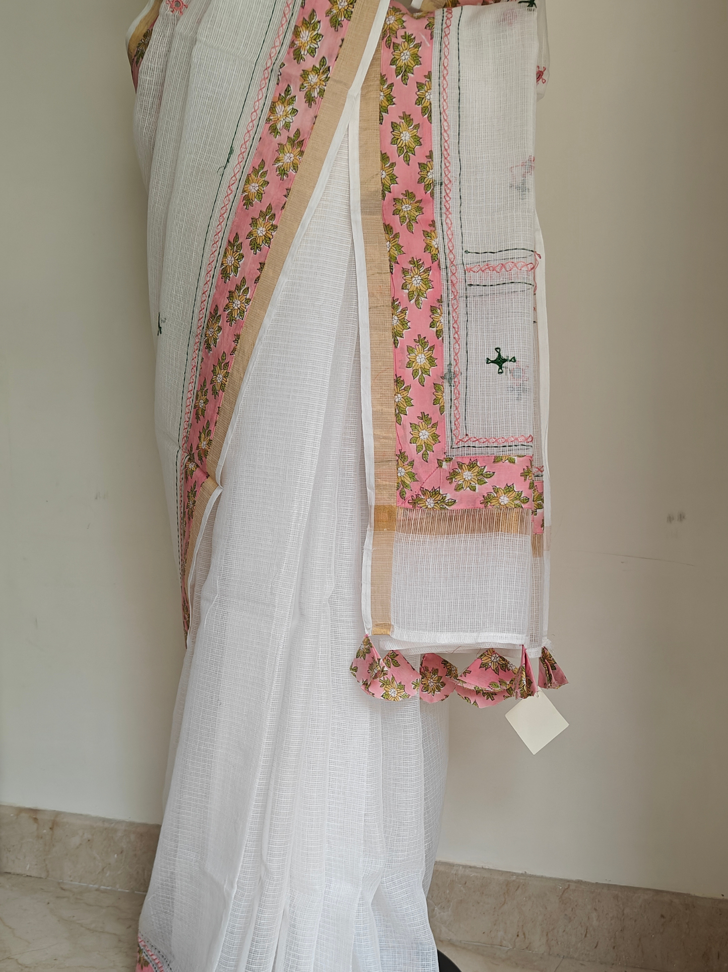 White Kota Patchwork Hand Embroidered Saree