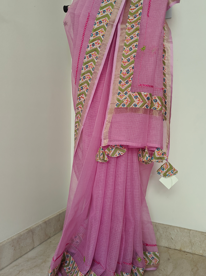 Pink Kota Patchwork Hand Embroidered Saree