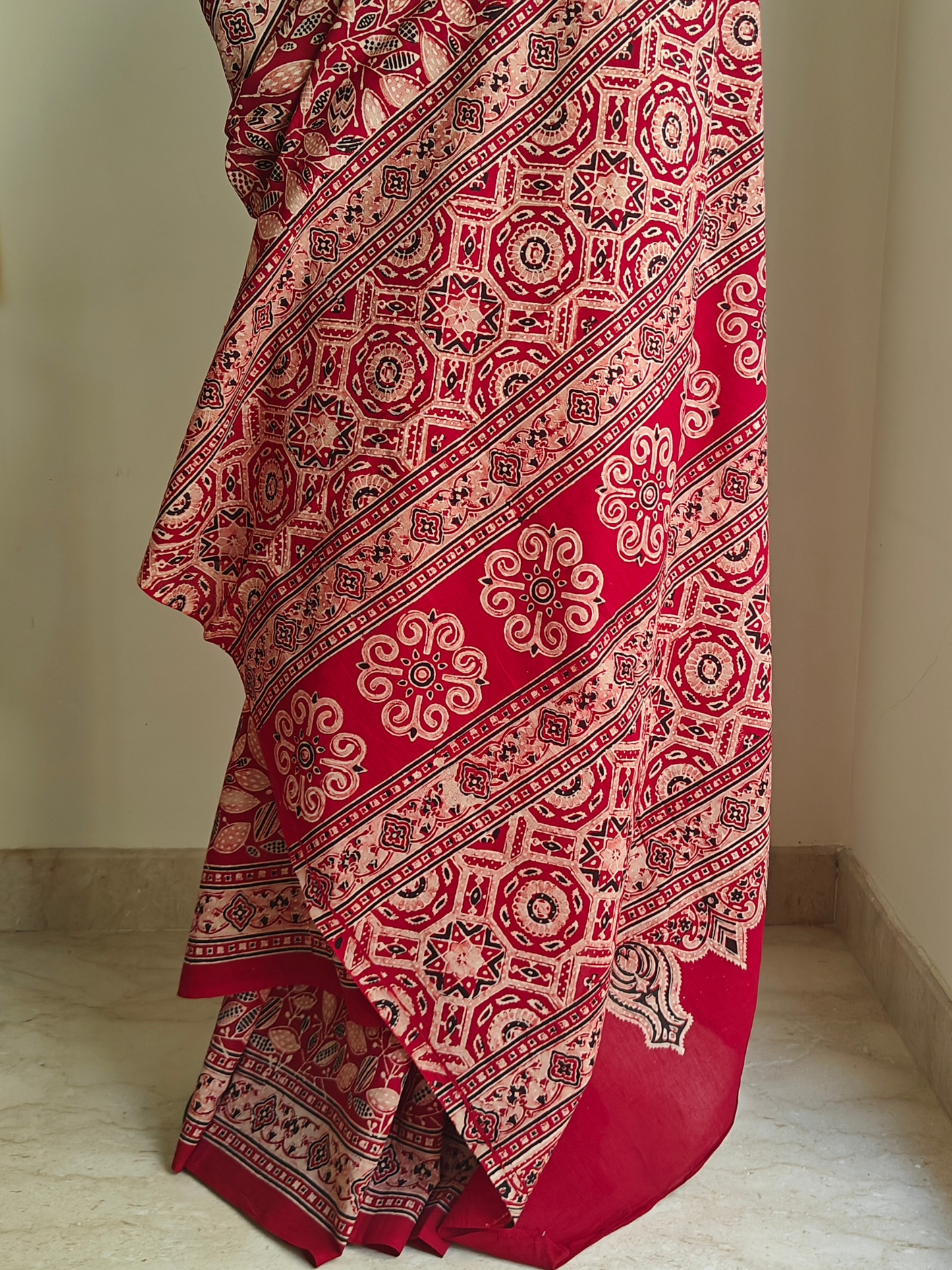 Red Ajrakh Handblock Printed Mull Cotton Saree