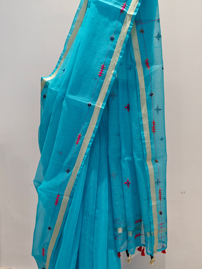 Blue Kota Cotton Hand Embroidered Saree