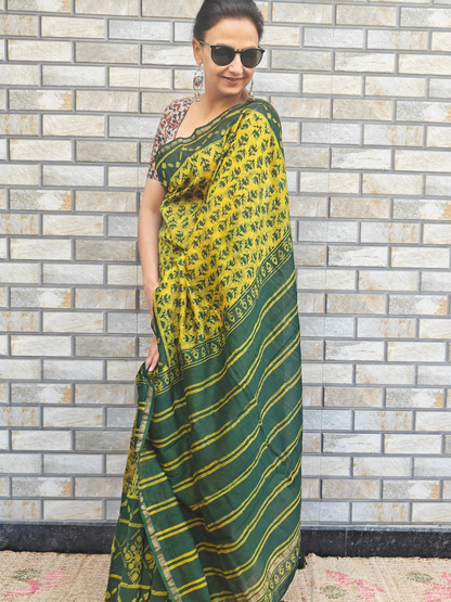 Green-Yellow Dabu Handblock Print Chanderi Saree