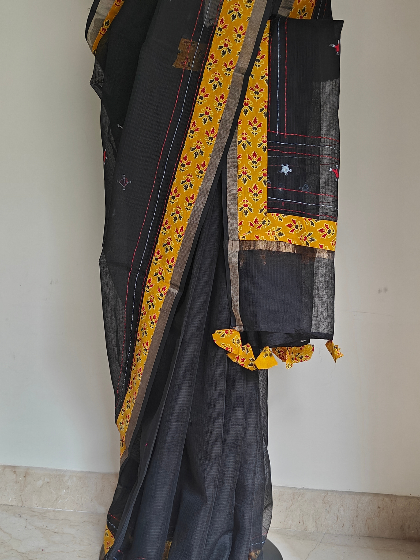Black Kota Patchwork Hand Embroidered Saree