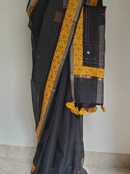 Black Kota Patchwork Hand Embroidered Saree