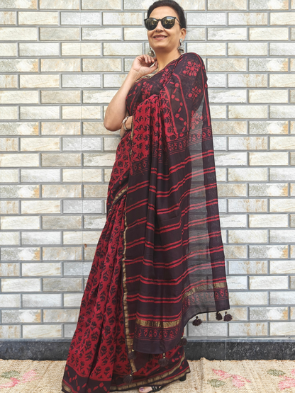 Coffee-Maroon Dabu Handblock Print Chanderi Saree